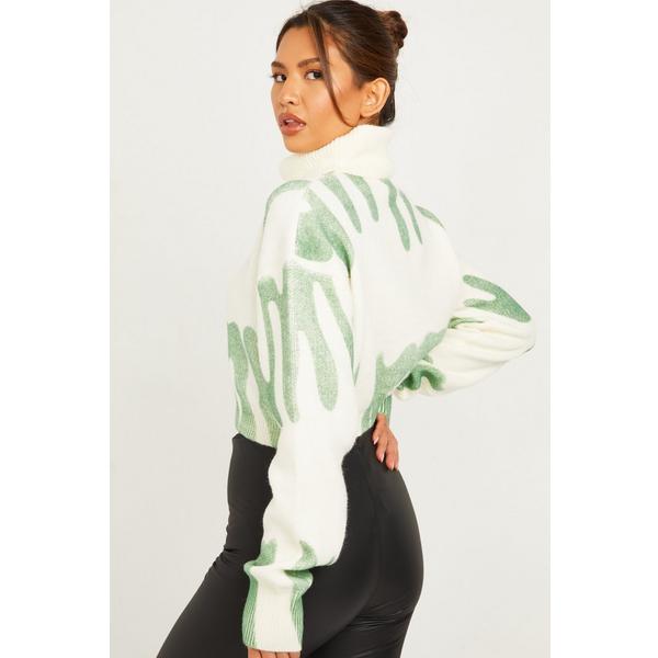 Green Spray Print Crop Jumper