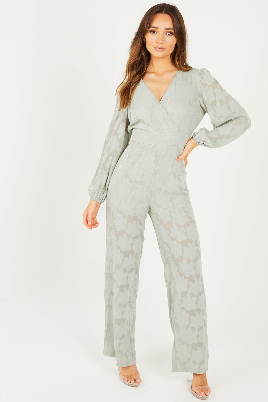 Sage Jacquard Wrap Palazzo Jumpsuit