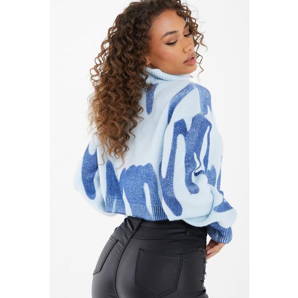 Blue Spray Print Crop Jumper