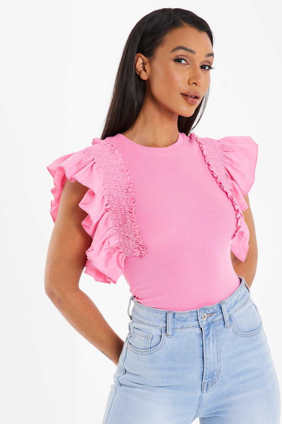 Pink Ribbed Frill Sleeve Bodysuit