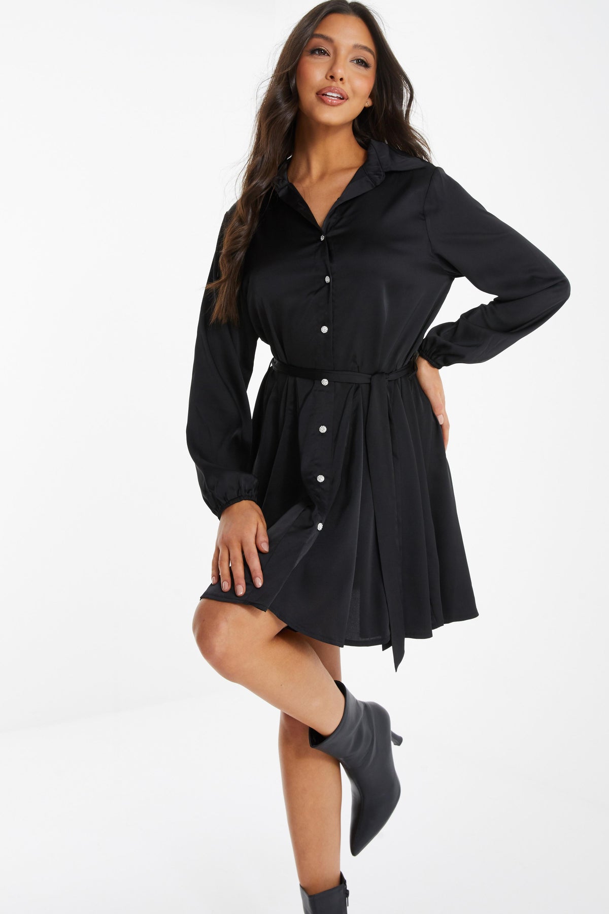 Black Satin Diamante Shirt Mini Dress — 10