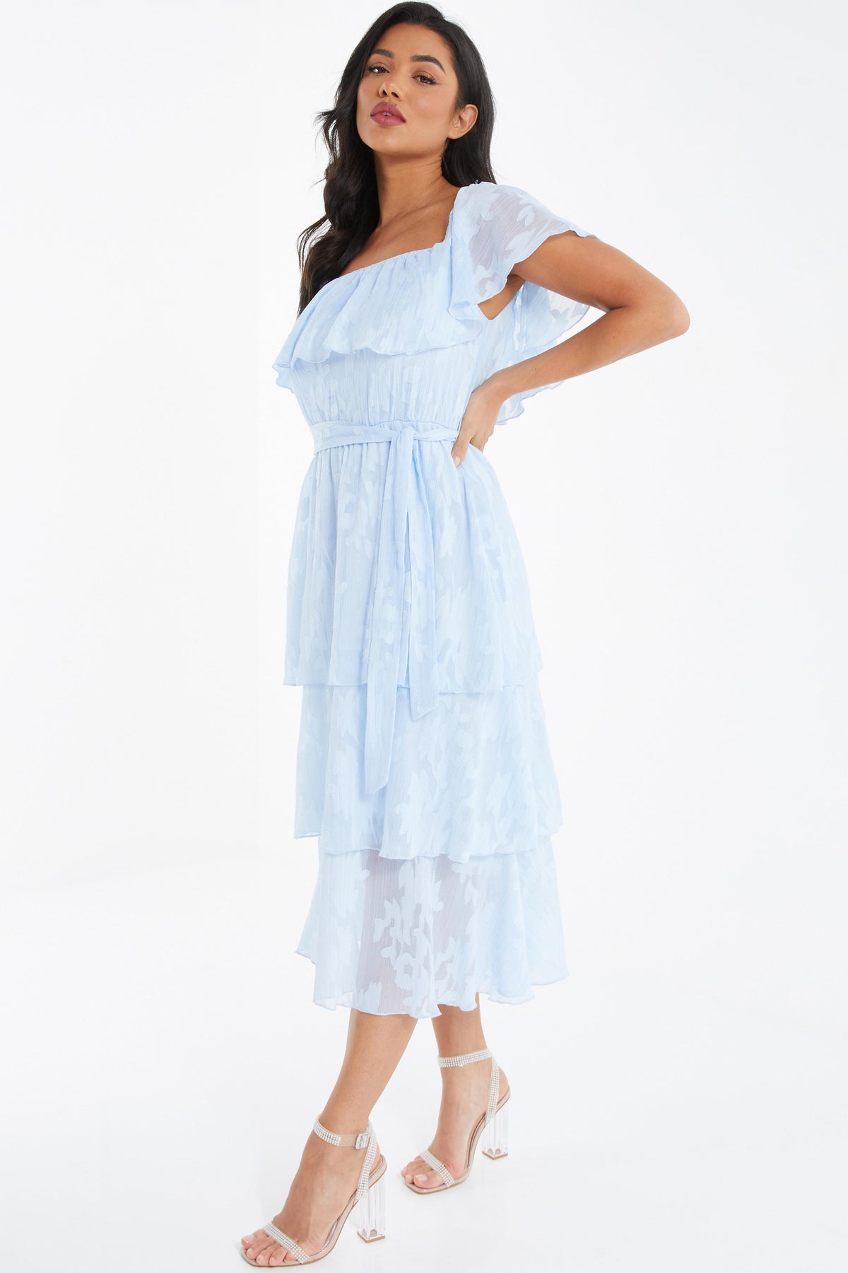 Light Blue Floral Jacquard Tiered Midi Dress â€” 8
