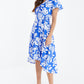Blue Floral Wrap Dip Hem Midi Dress