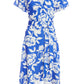 Blue Floral Wrap Dip Hem Midi Dress