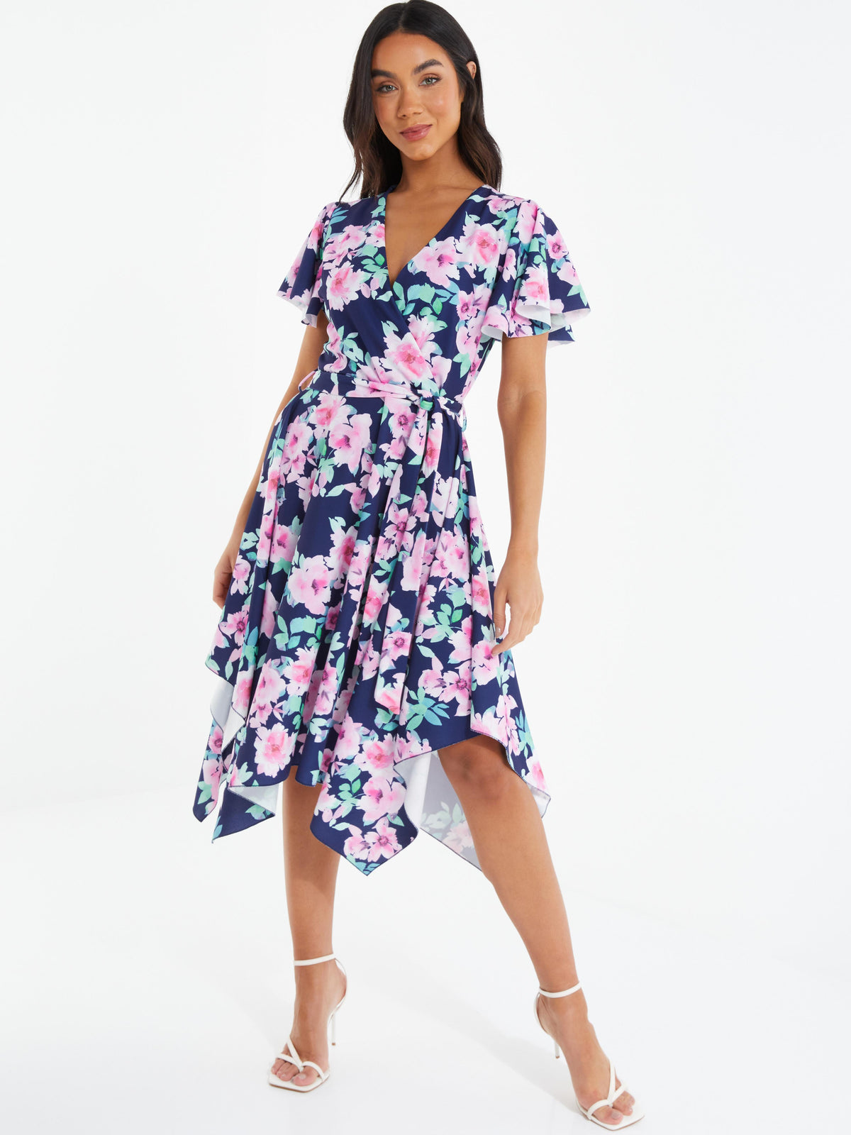 Navy Floral Dip Hem Midi Dress â€” 8