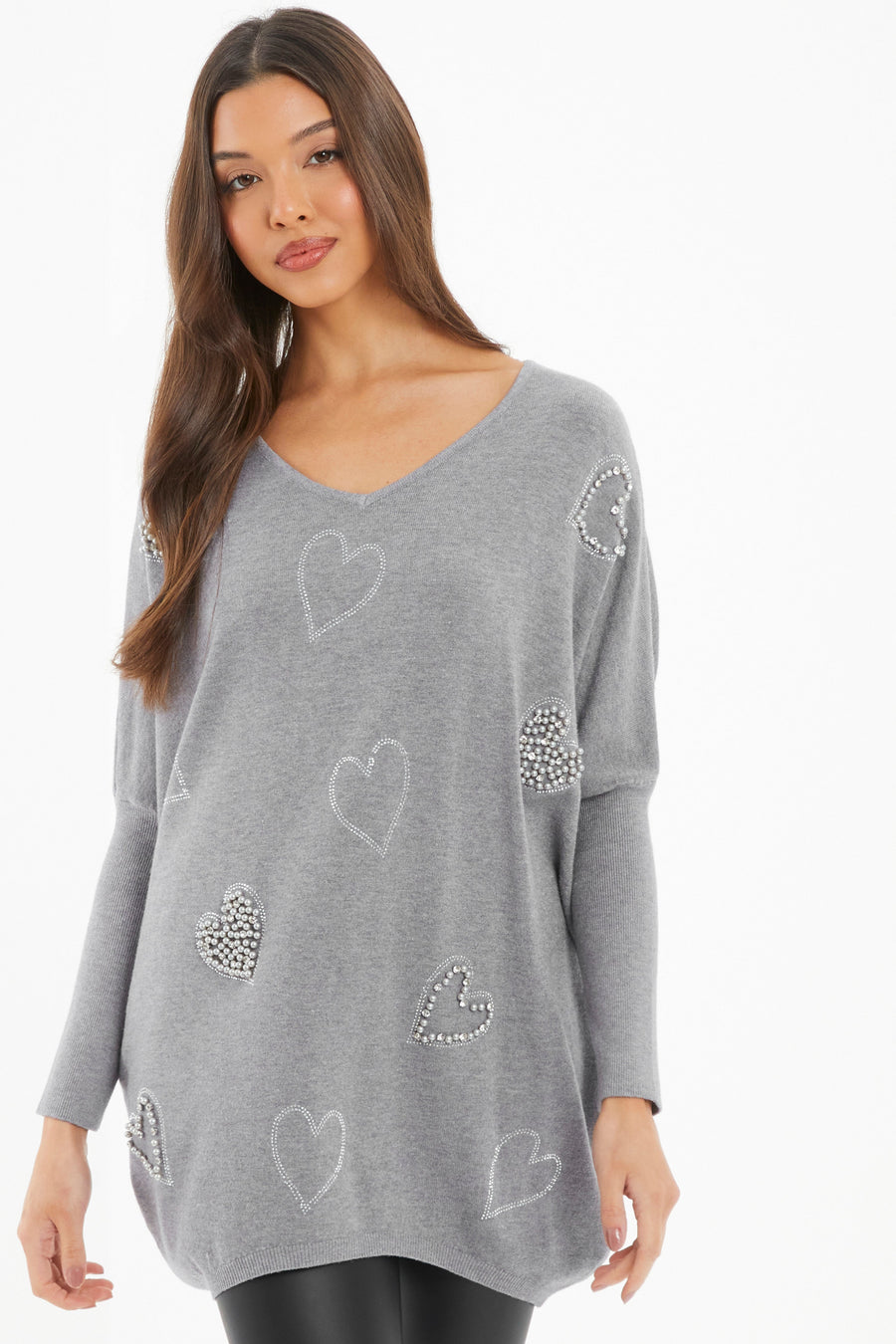 Light Grey Knit Diamanté Hearts Oversized Jumper