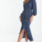 Dark Blue Plisse Wrap Chain Dress