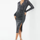 Gun-Metal Sequin Brillo Front Wrap Midi Dress