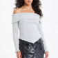 Grey Knitted Bardot V Hem Top — 8