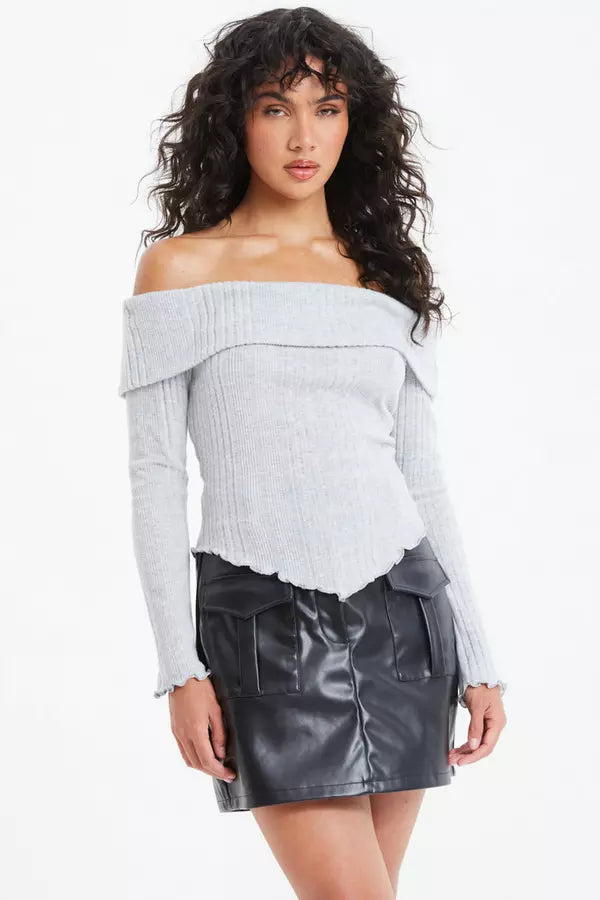 Grey Knitted Bardot V Hem Top — 8