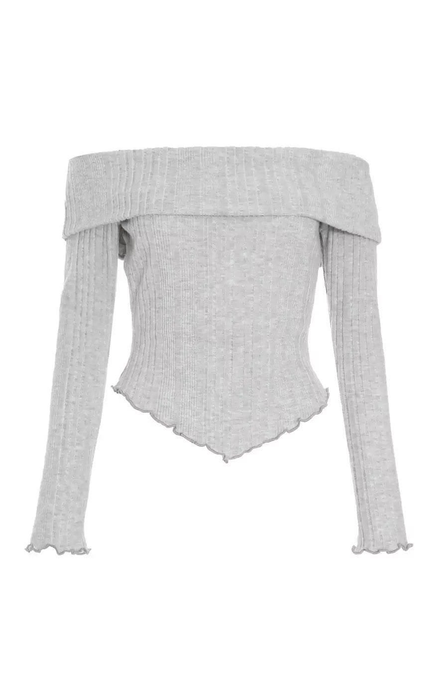 Grey Knitted Bardot V Hem Top — 8