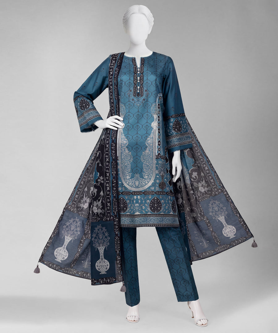 Blue Printed Cambric Unstitched 3Pc