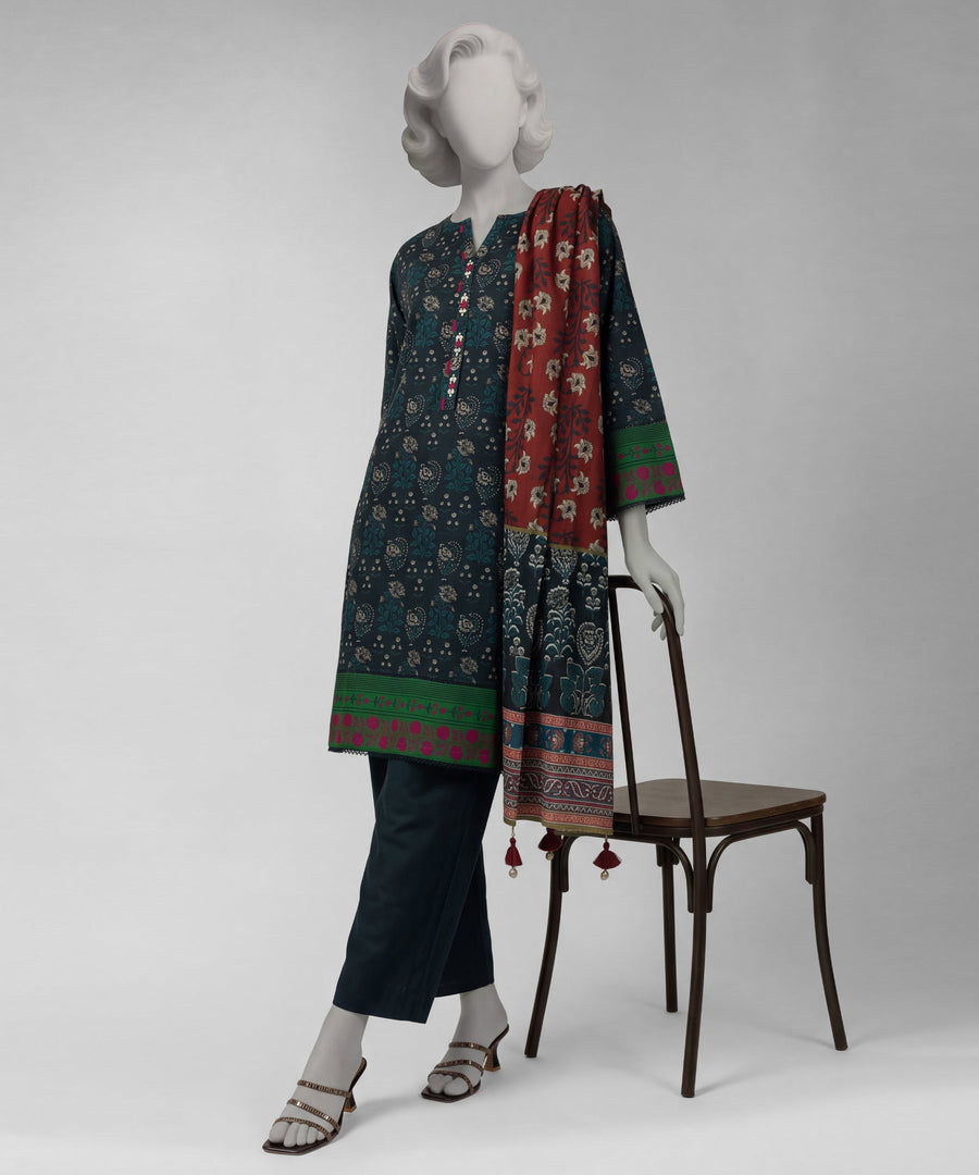 Navy Blue Printed Khaddar Slub Unstitched 3Pc