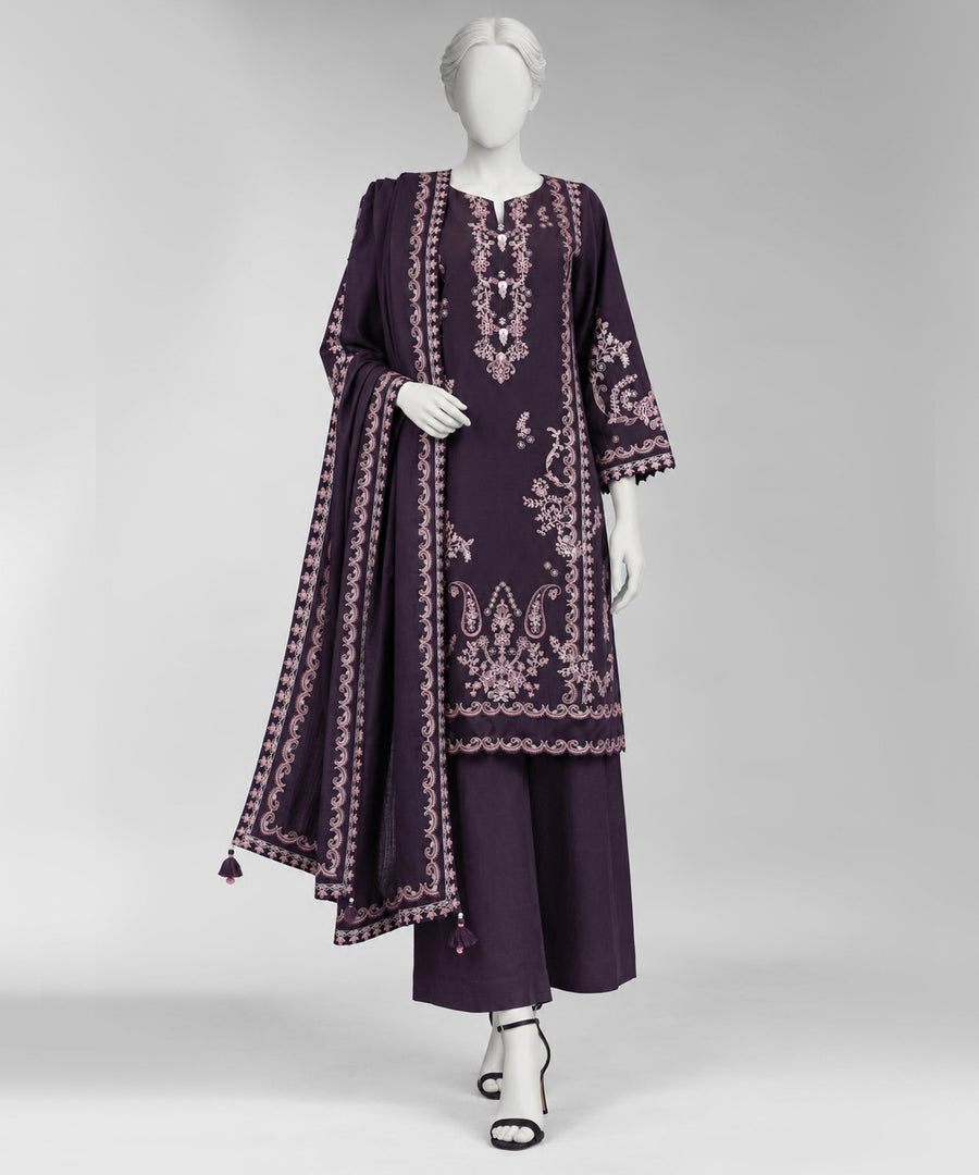 Purple Embroidered Khaddar Slub Unstitched 3Pc