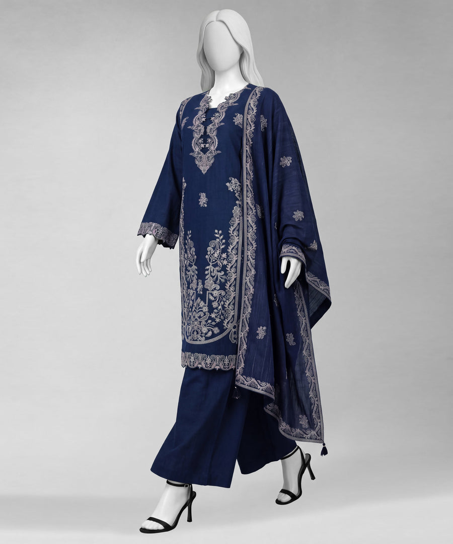 Navy Blue Embroidered Khaddar Slub Unstitched 3Pc