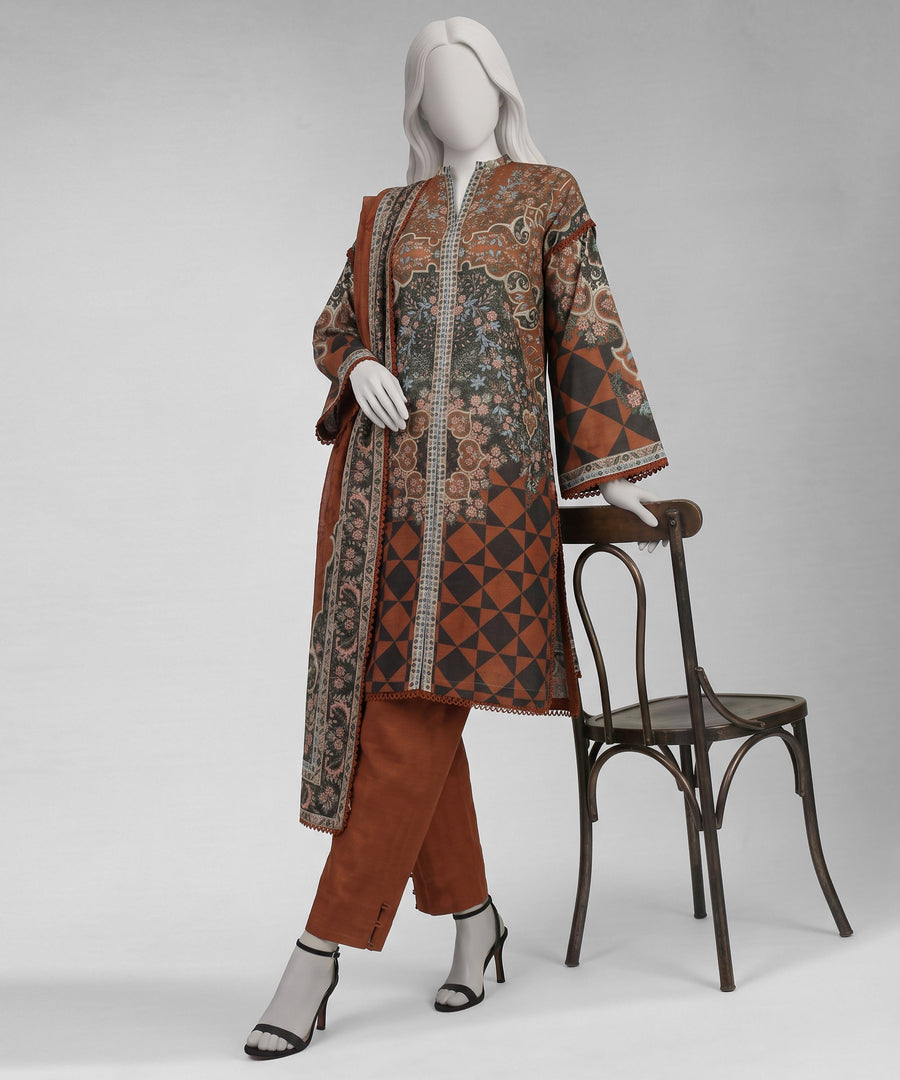 Brown Printed Light Khaddar Slub Unstitched 3Pc