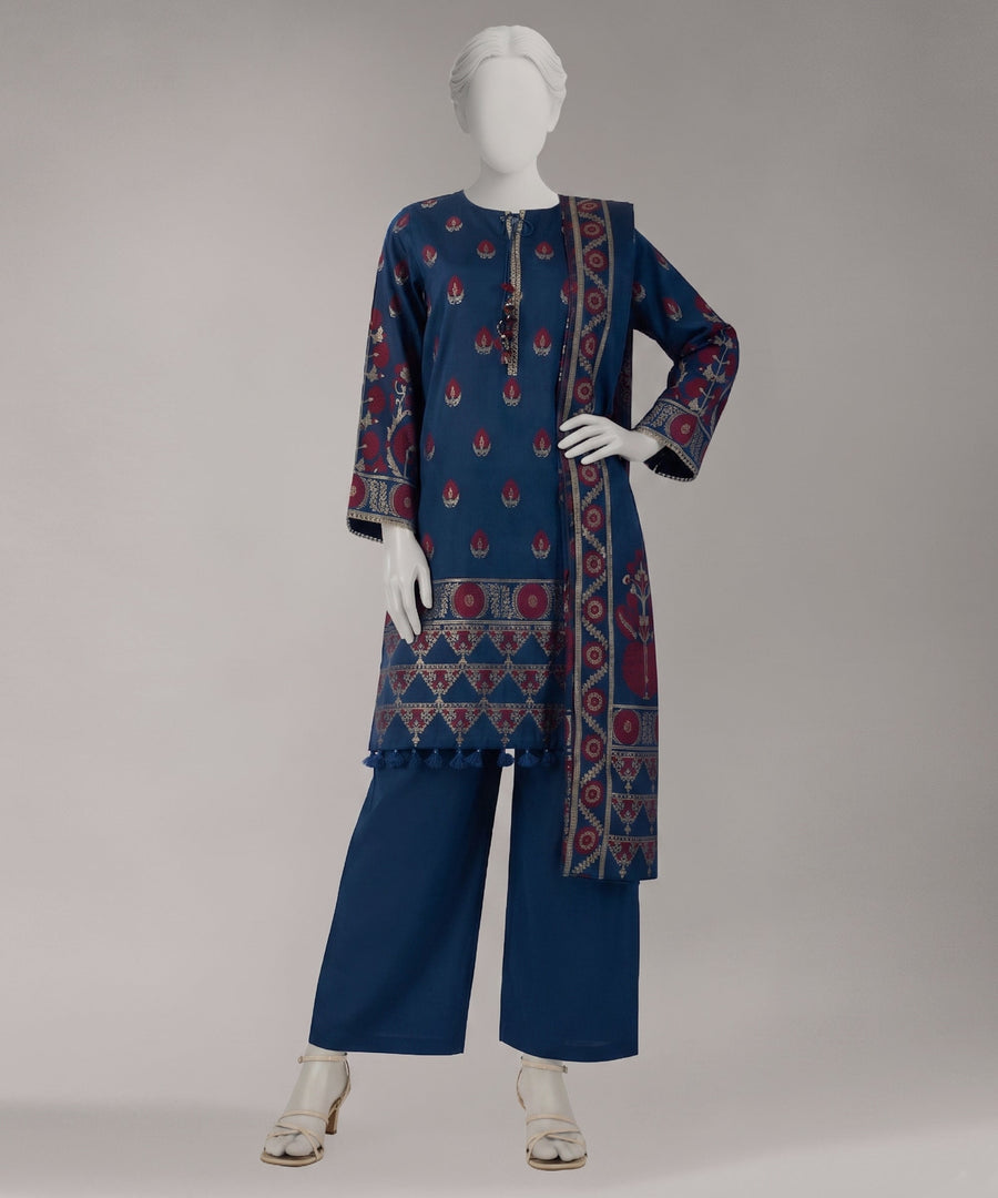 Blue Yarn Dyed Jacquard Unstitched 3Pc