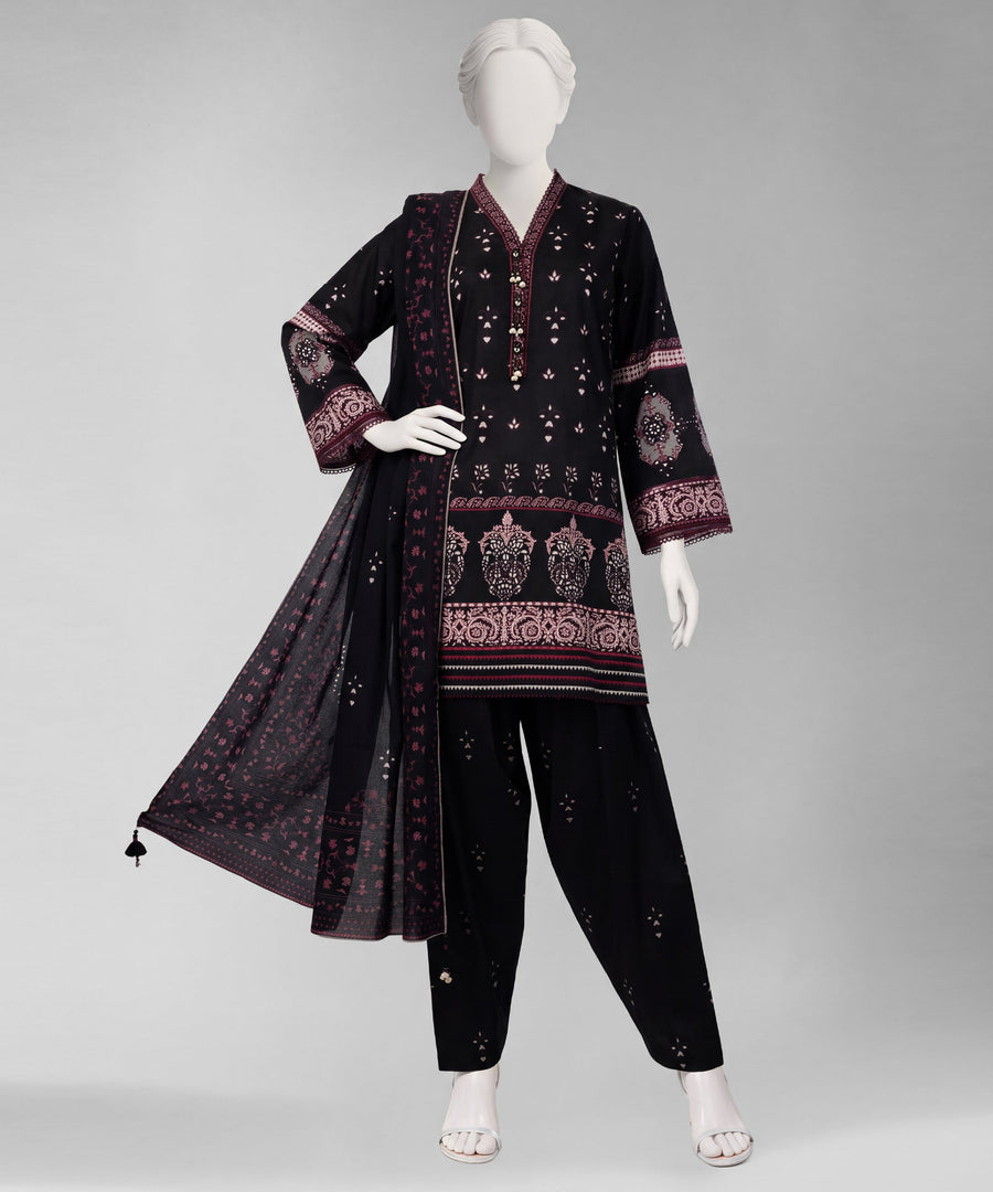 Black Printed Cambric Unstitched 3Pc