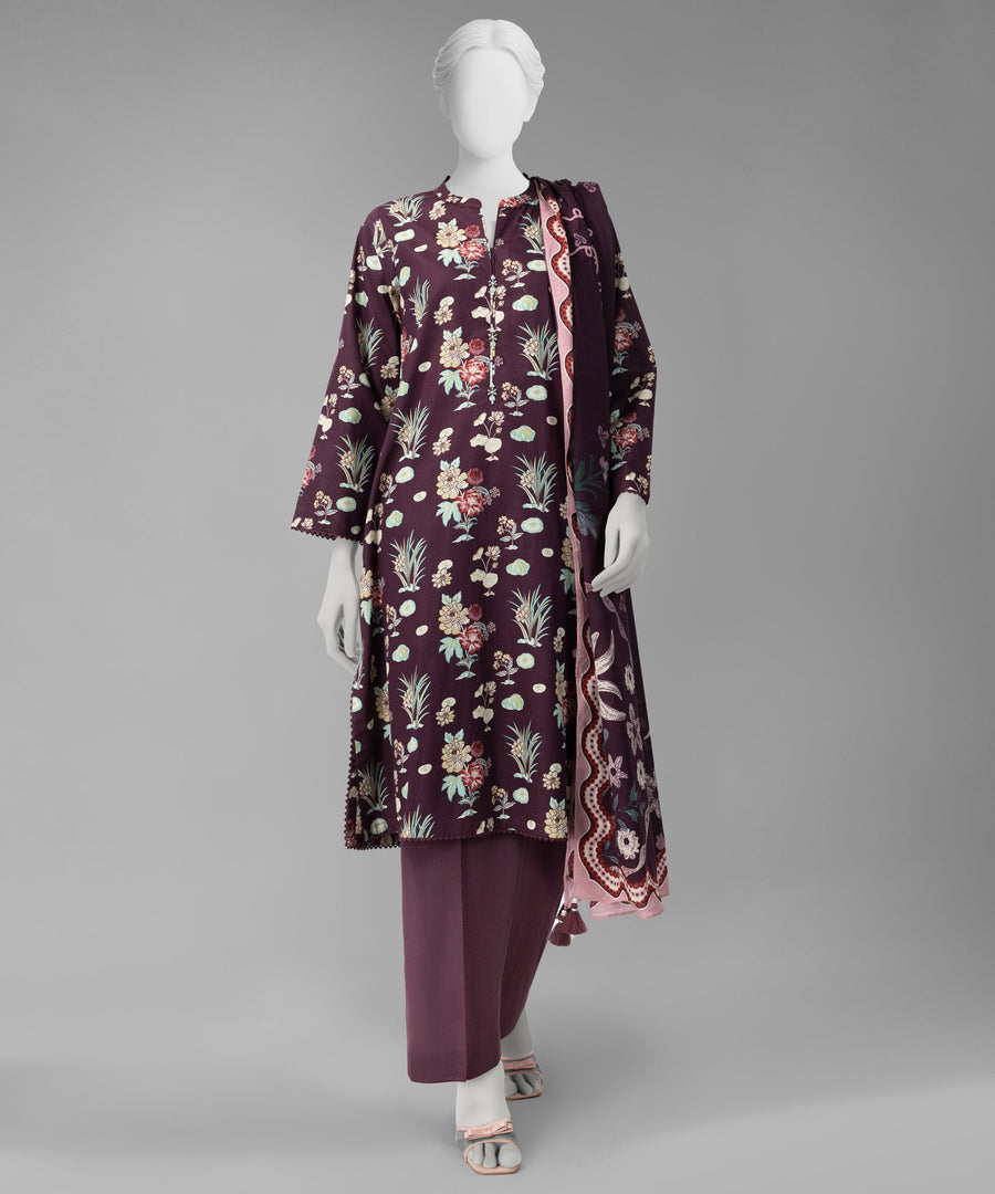 Purple Printed Cambric Unstitched 3Pc