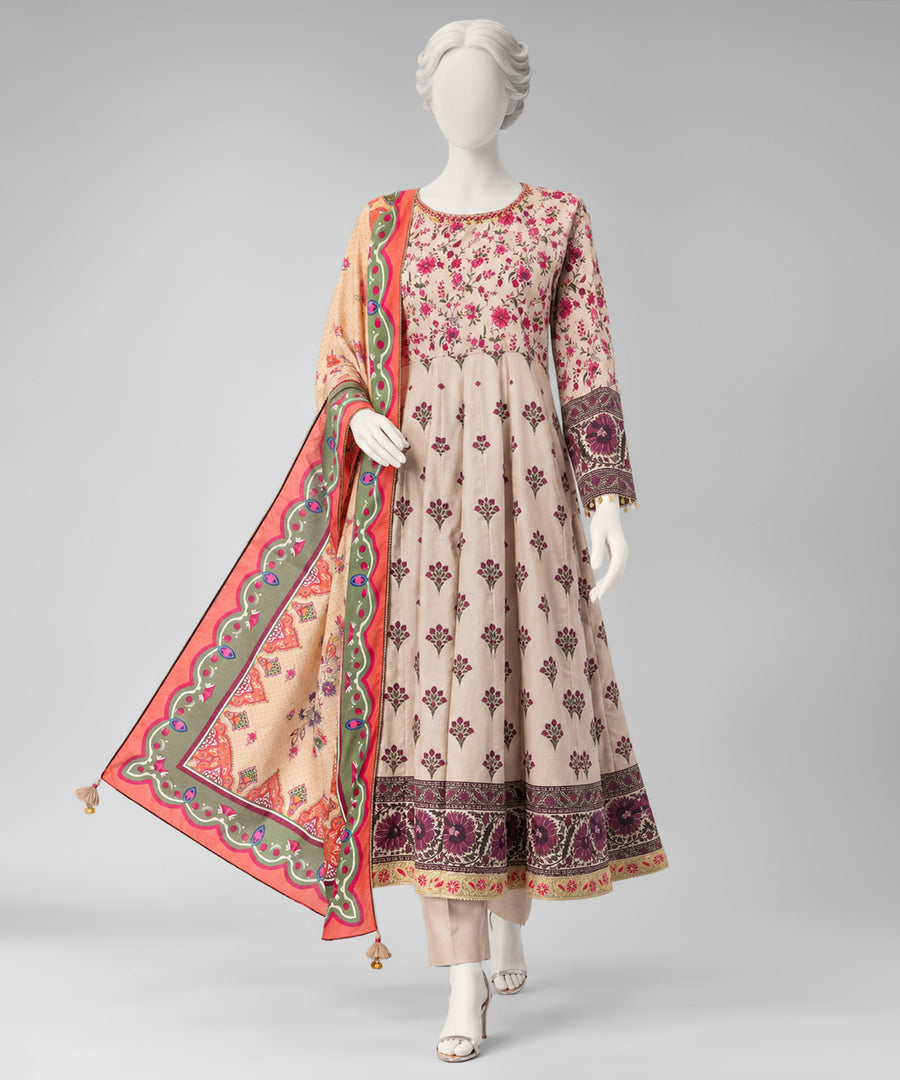 Dark Beige Embroidered Cambric Unstitched 3Pc