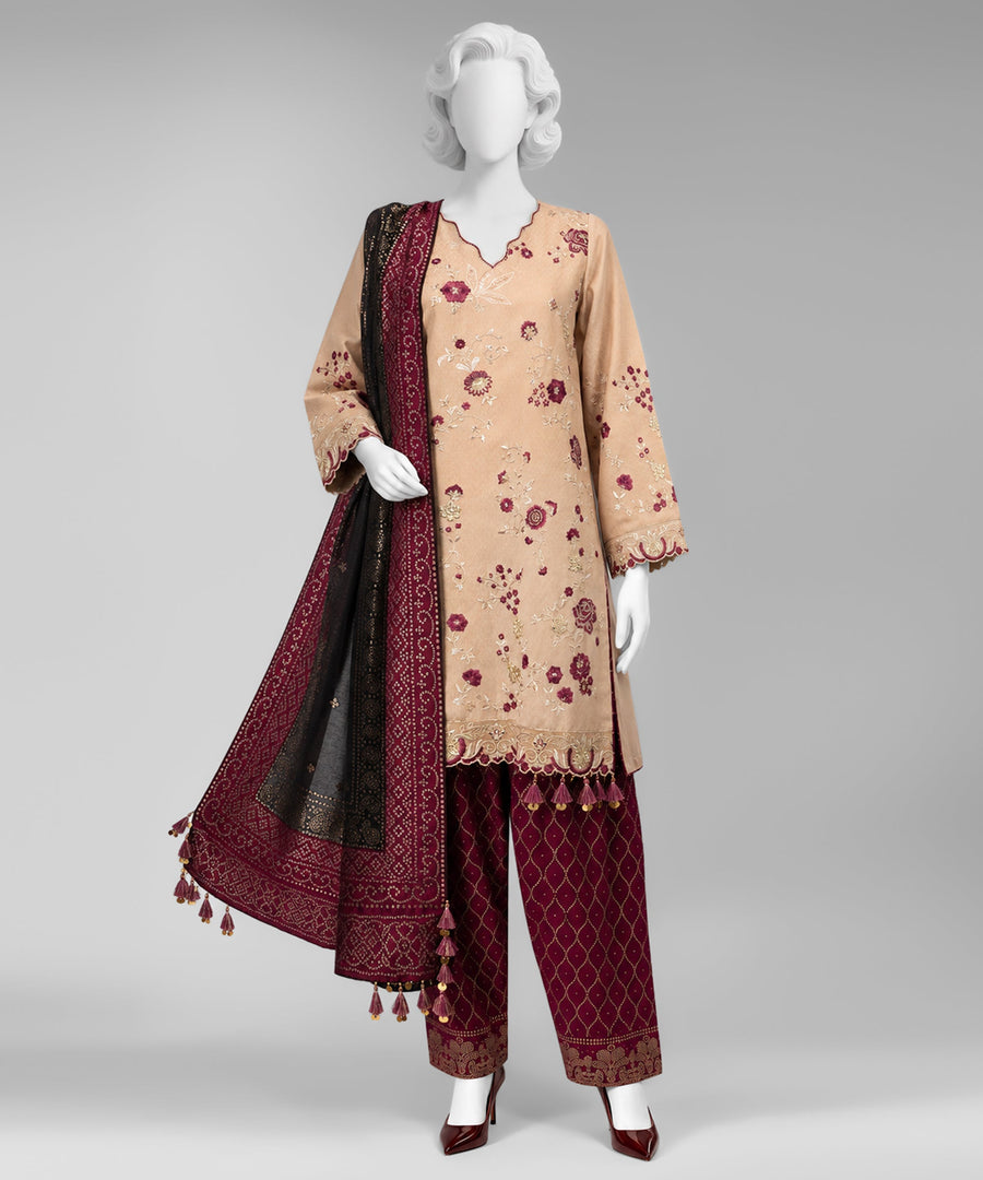 Beige Embroidered Dobby Unstitched 3Pc