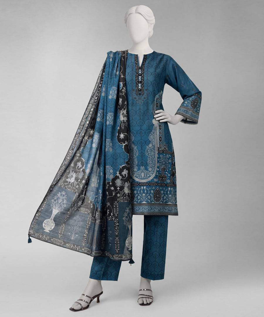 Blue Printed Khaddar Slub Unstitched 3Pc