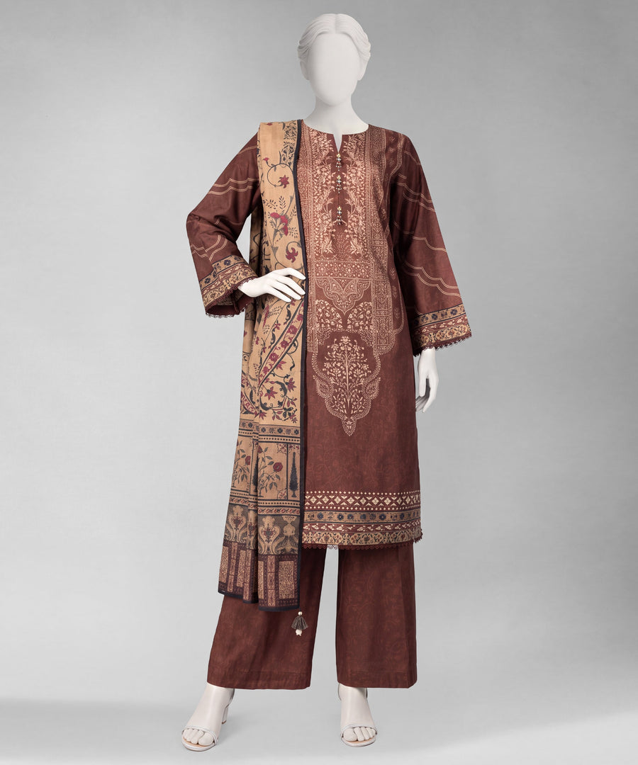 Brown Printed Cambric Unstitched 3Pc