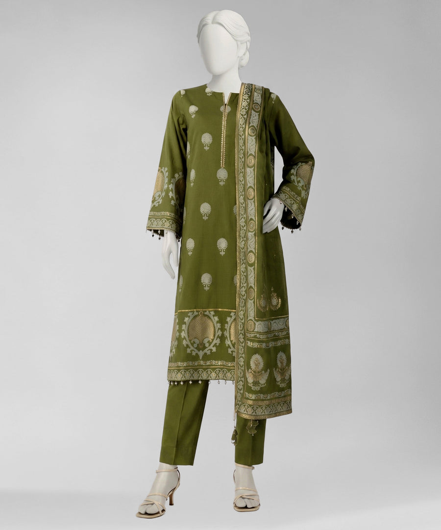 Green Yarn Dyed Jacquard Unstitched 3Pc