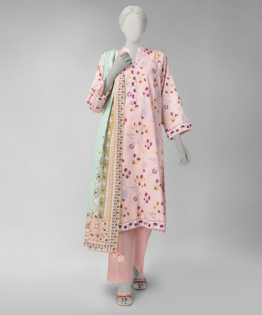 Peach Printed Cambric Unstitched 3Pc