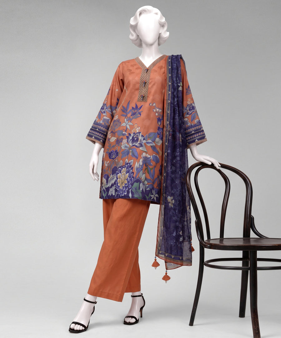 Brown Printed Dobby Unstitched 2Pc