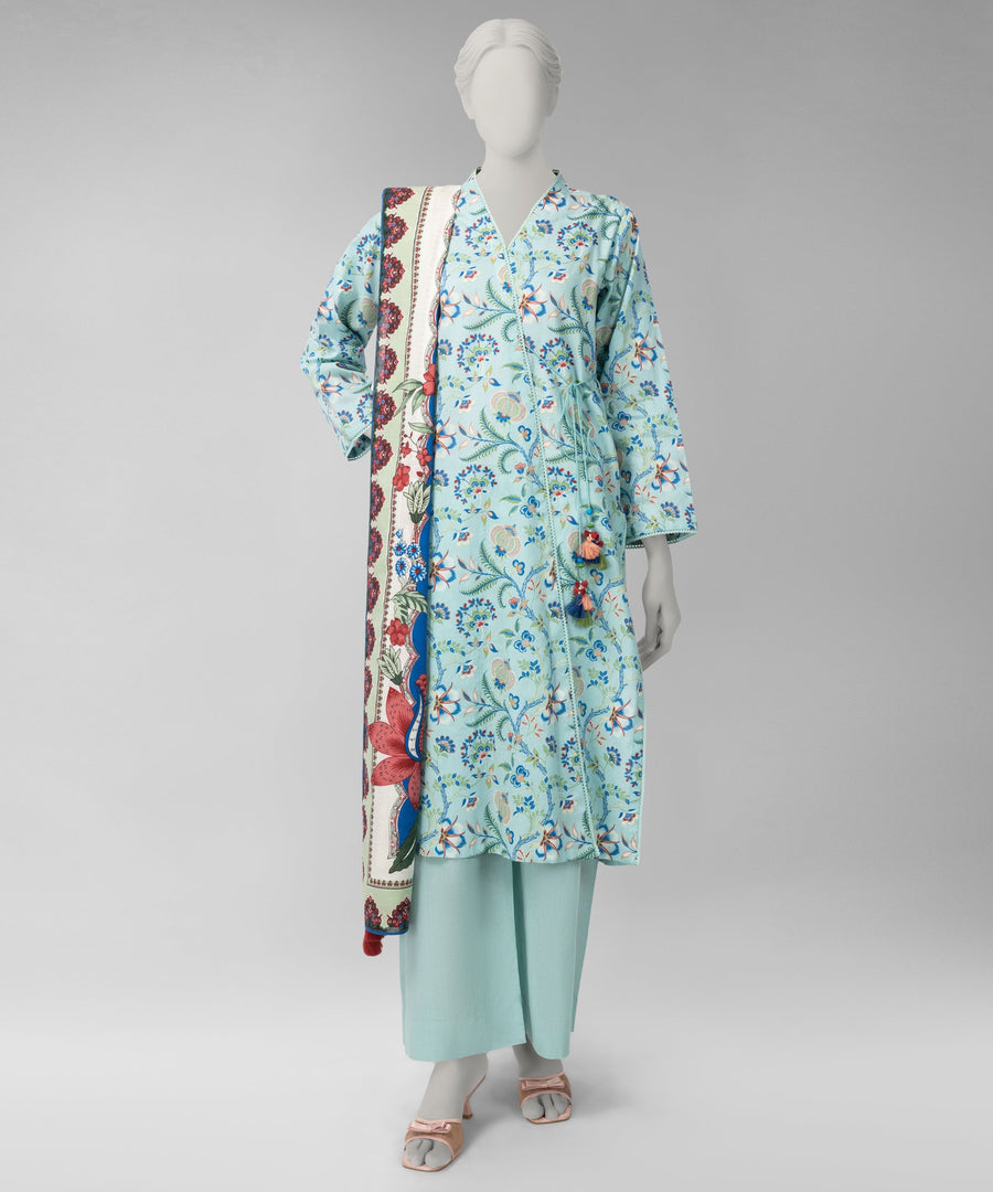 Blue Printed Cambric Unstitched 3Pc