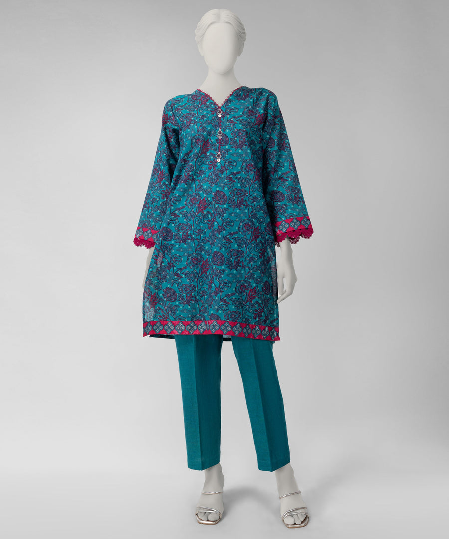 Turquoise Printed Khaddar Slub Unstitched 2Pc