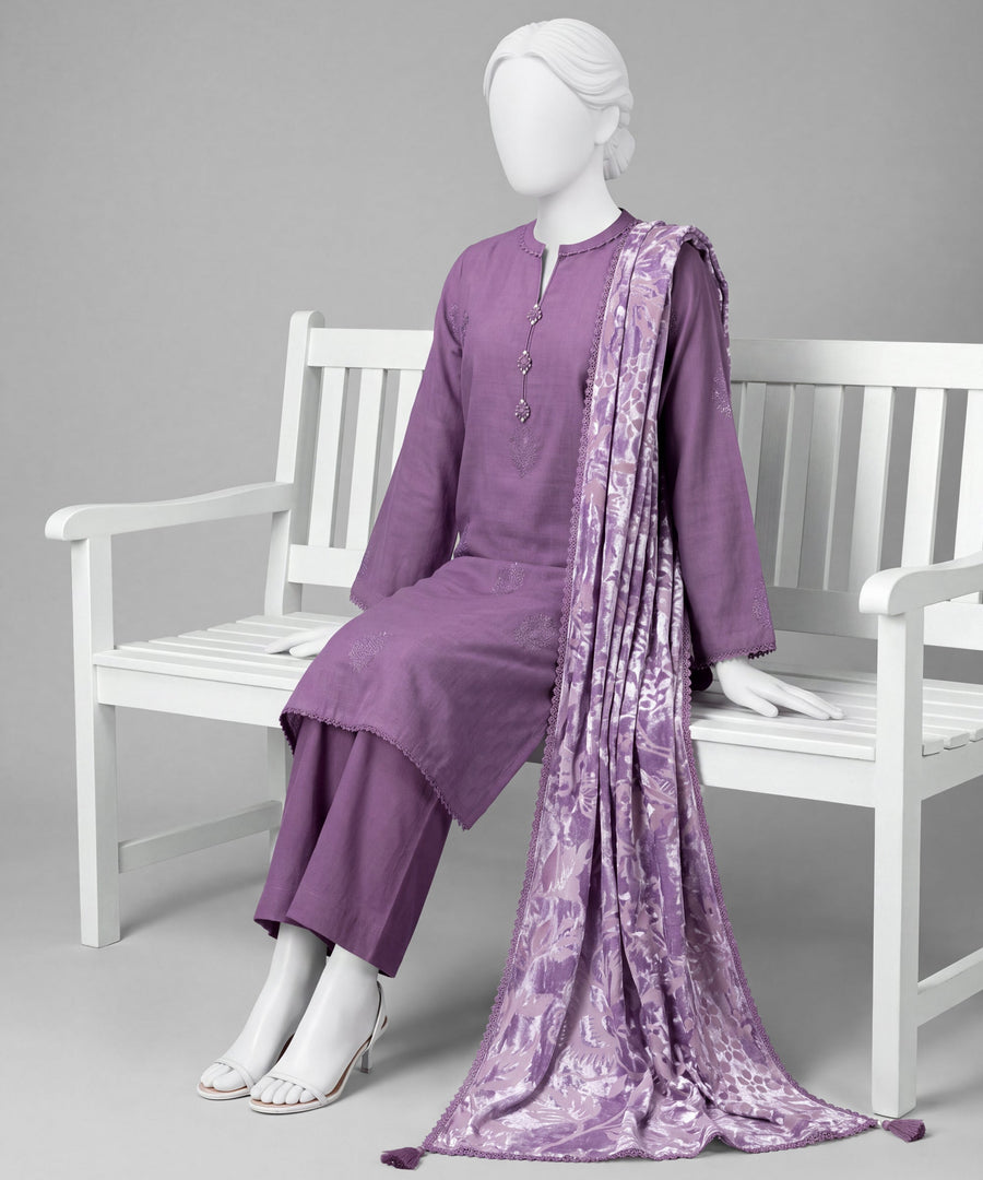 Purple Embroidered Khaddar Slub Unstitched 3Pc