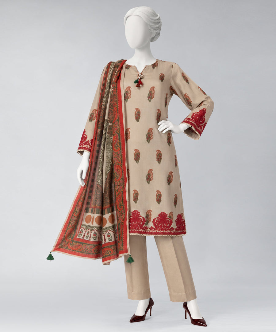 Beige Embroidered Pashmina Unstitched 3Pc