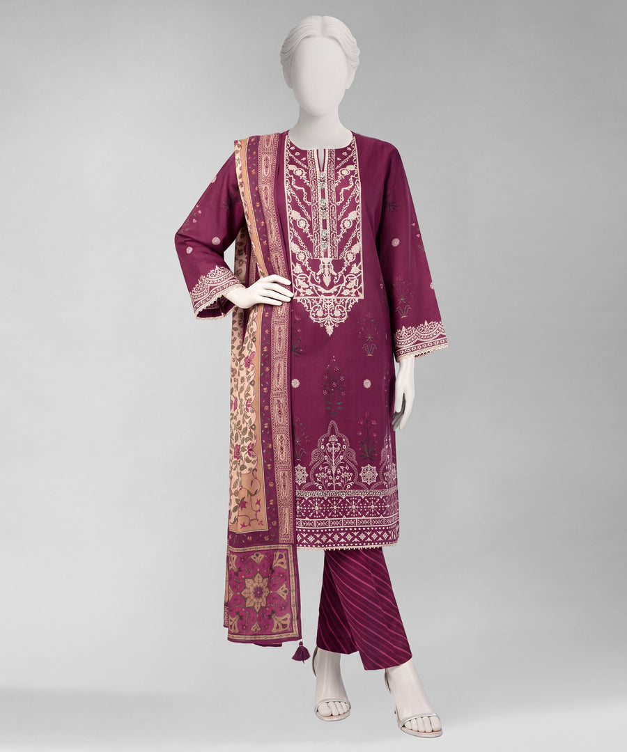 Purple Printed Cambric Unstitched 3Pc