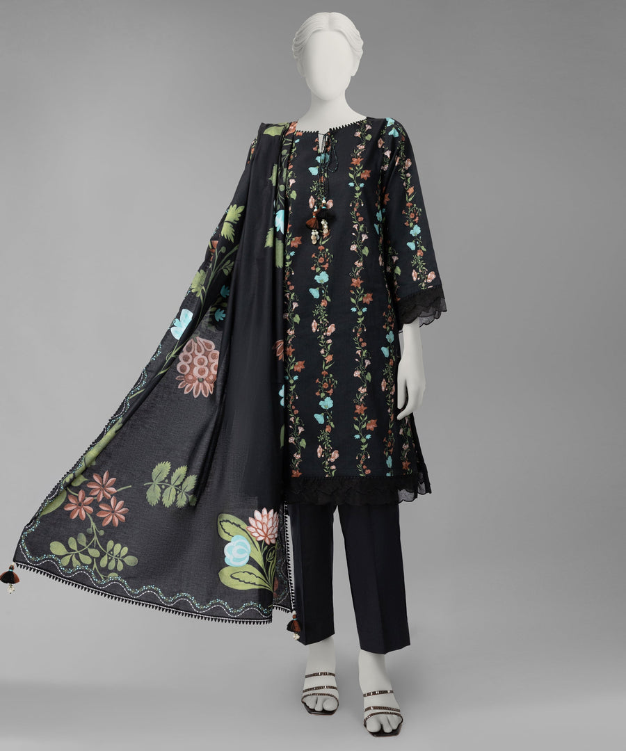 Black Printed Cambric Unstitched 3Pc