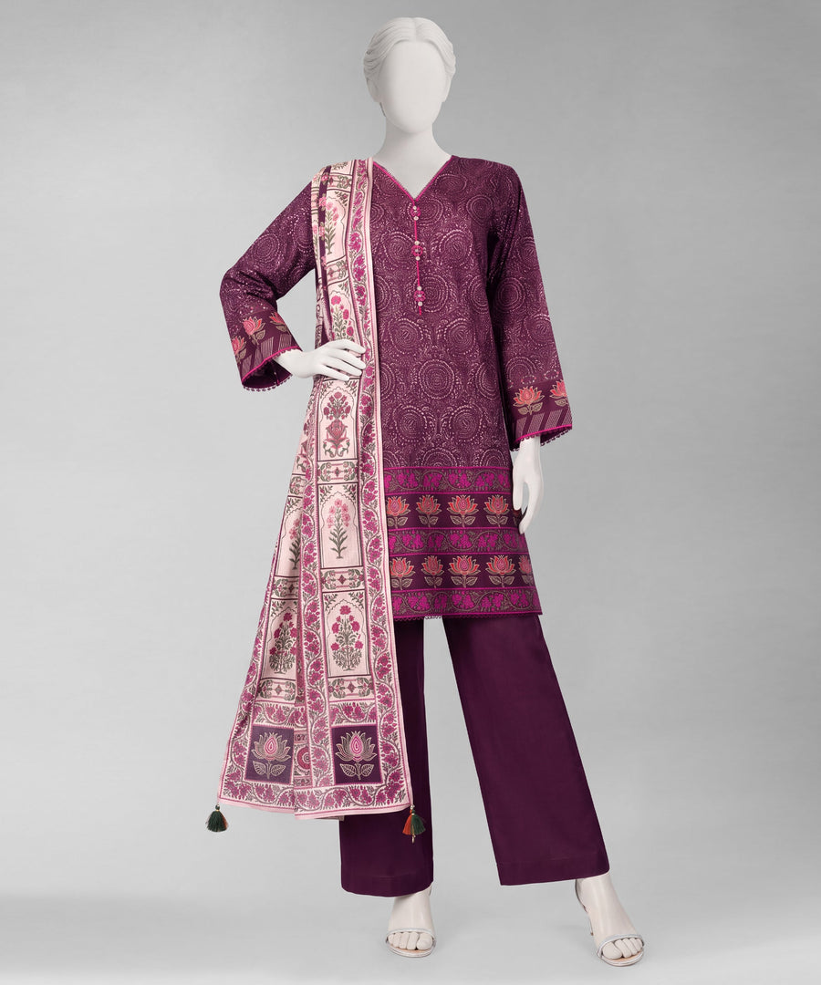 Purple Printed Cambric Unstitched 3Pc