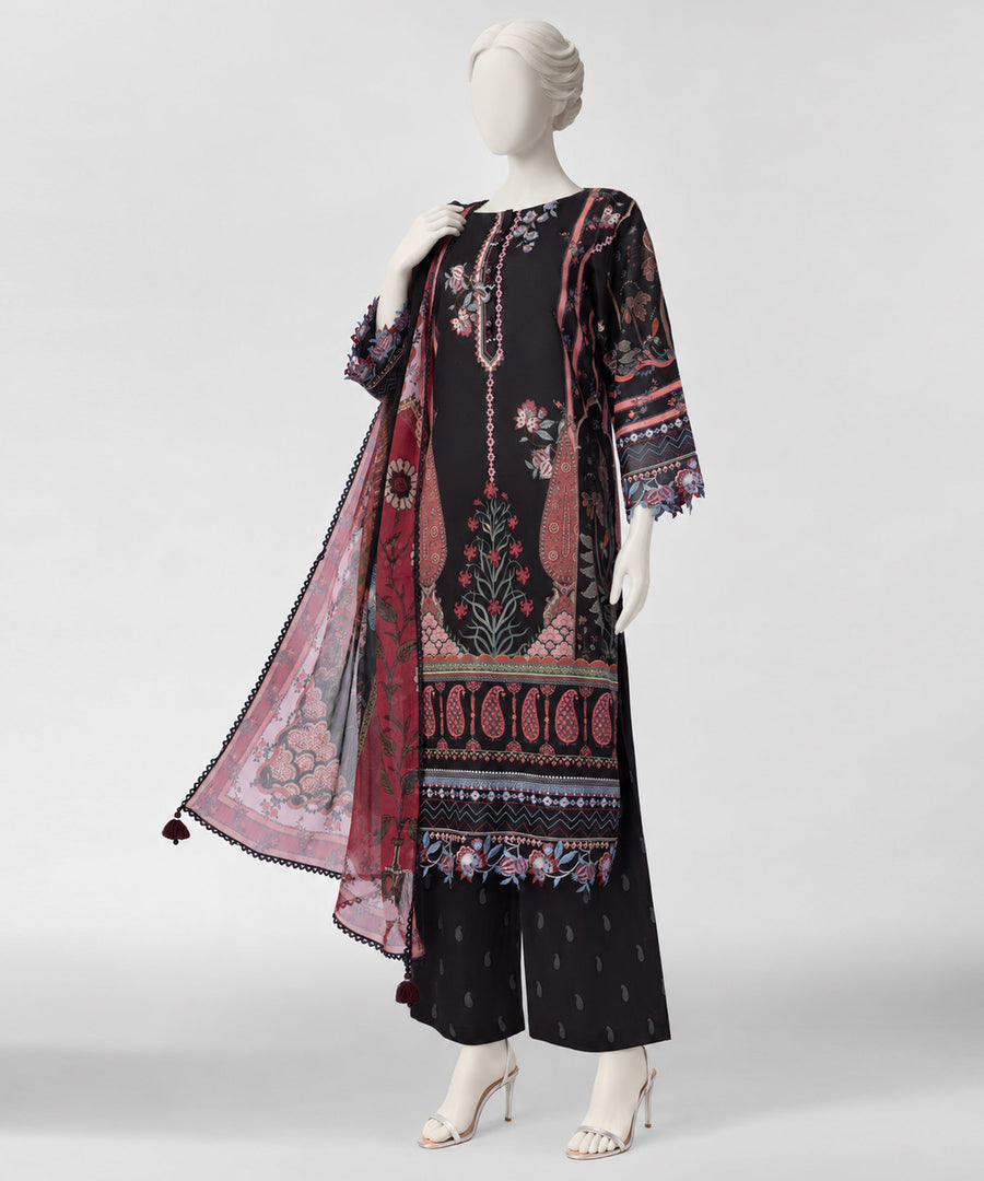 Black Embroidered Khaddar Slub Unstitched 3Pc