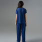 Blue Jacquard V-Neck Top