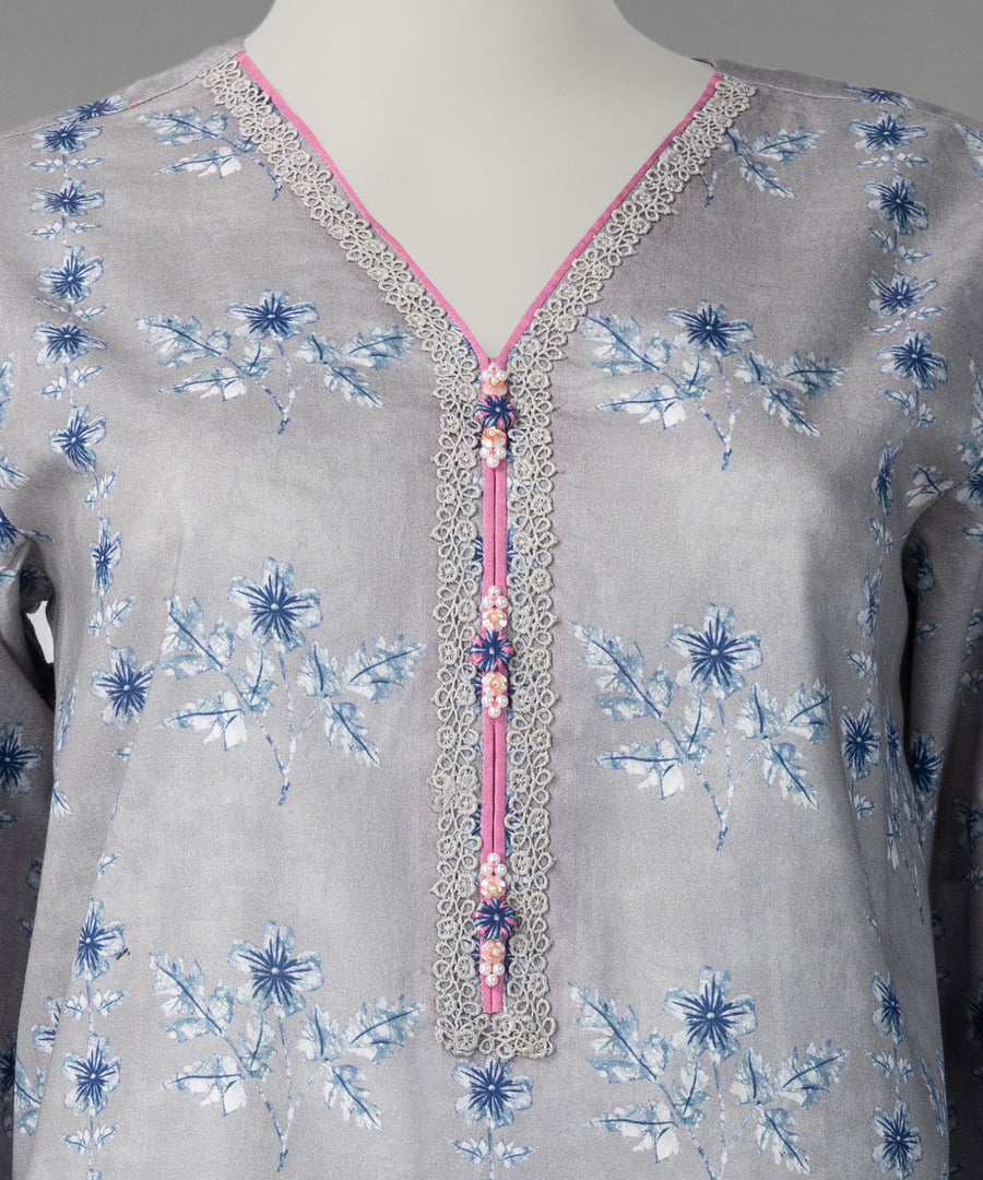 Grey Printed Cambric Unstitched 3Pc