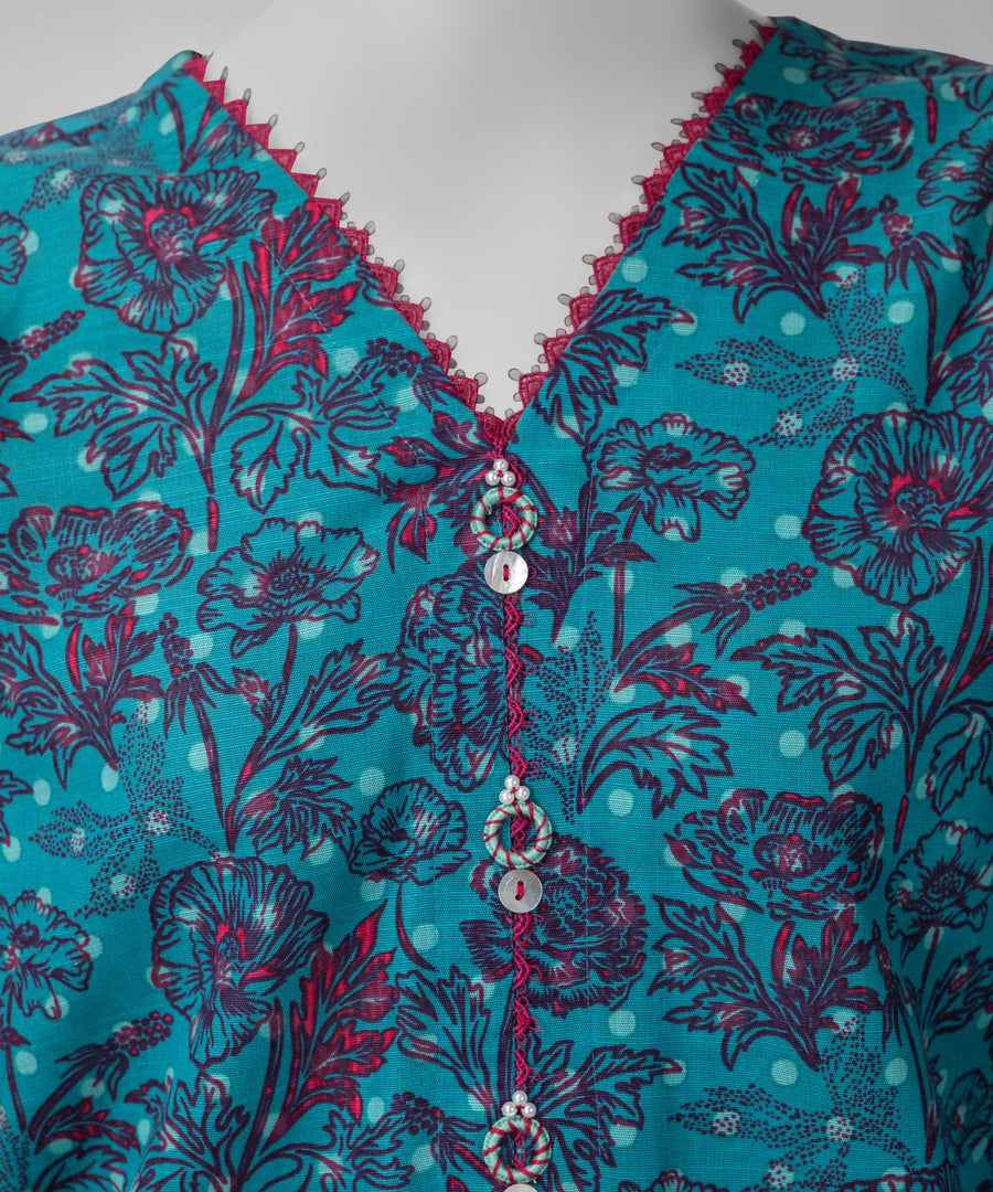 Turquoise Printed Khaddar Slub Unstitched 2Pc