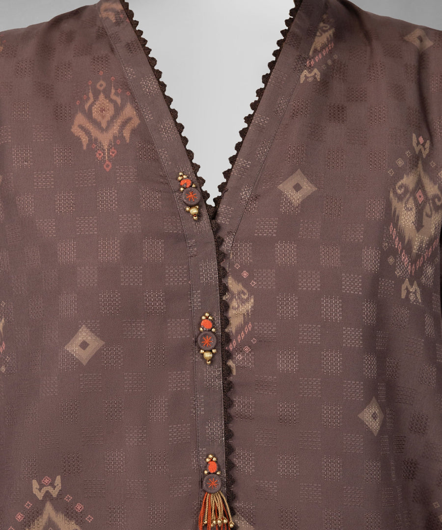 Brown Printed Dobby Unstitched 2Pc