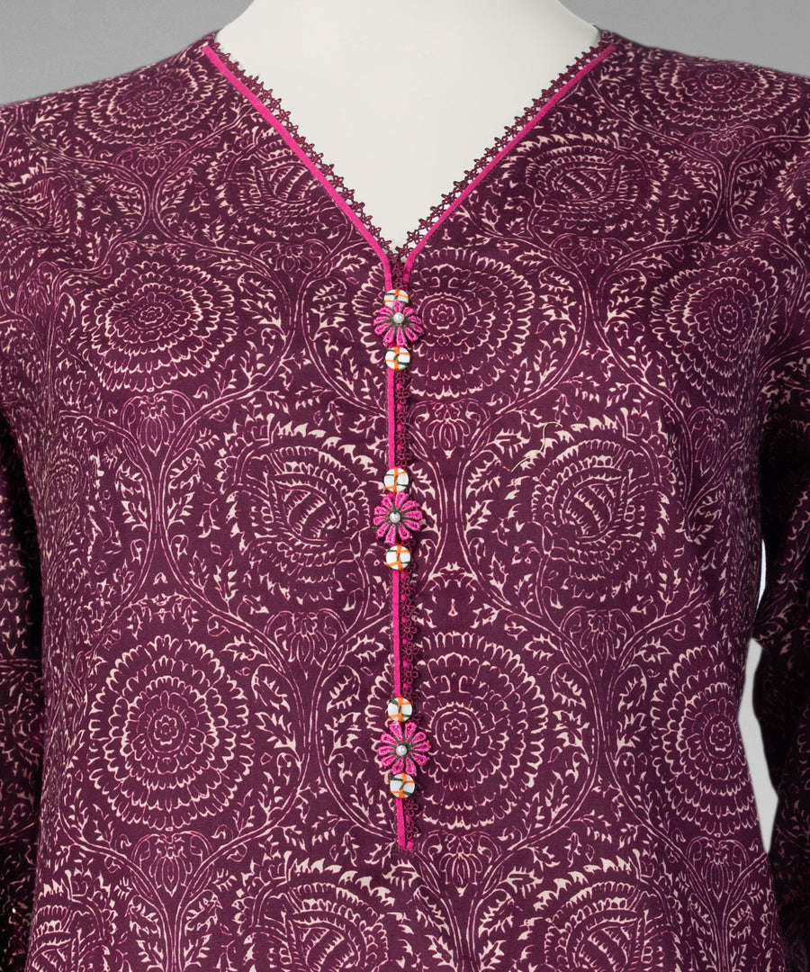 Purple Printed Cambric Unstitched 3Pc