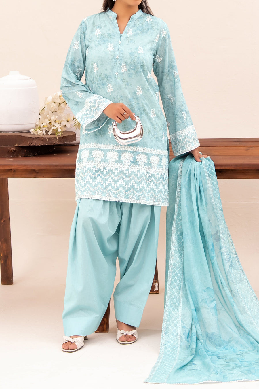 NUSLE3146 Printed Embroidered Lawn Suit - Unstitched 3Pc