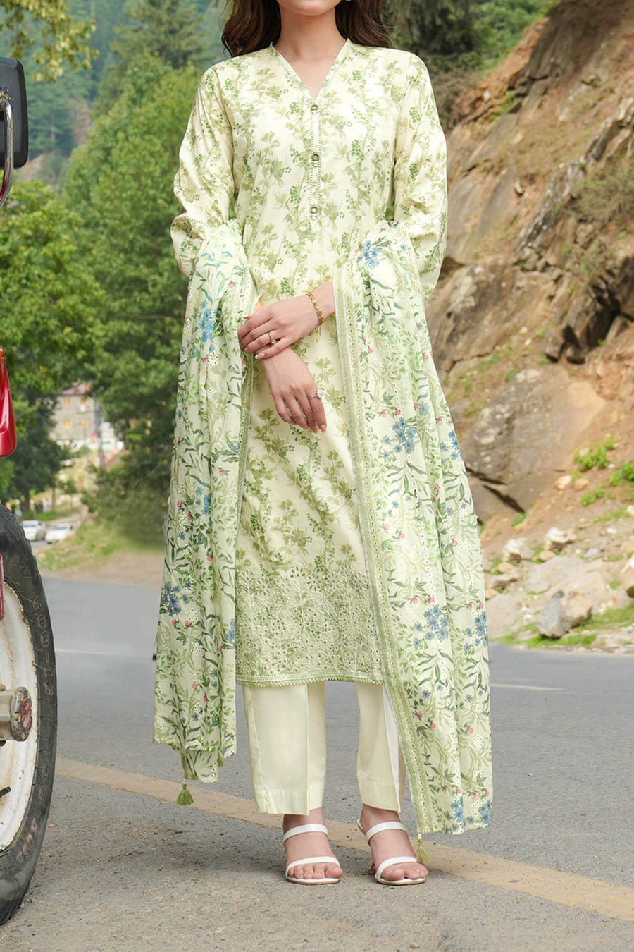 Unstitched 3Pc Printed Embroidered Lawn Suit - NUSLE3154