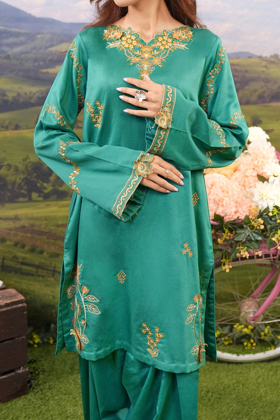Stitched 2Pc -Embroidered Cotton Satin Suit - NPSCSE2118