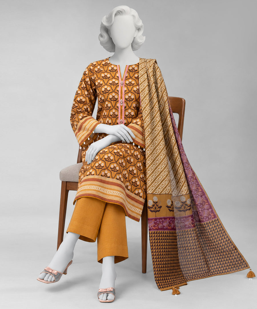 Light Brown Printed Khaddar Slub Unstitched 3Pc