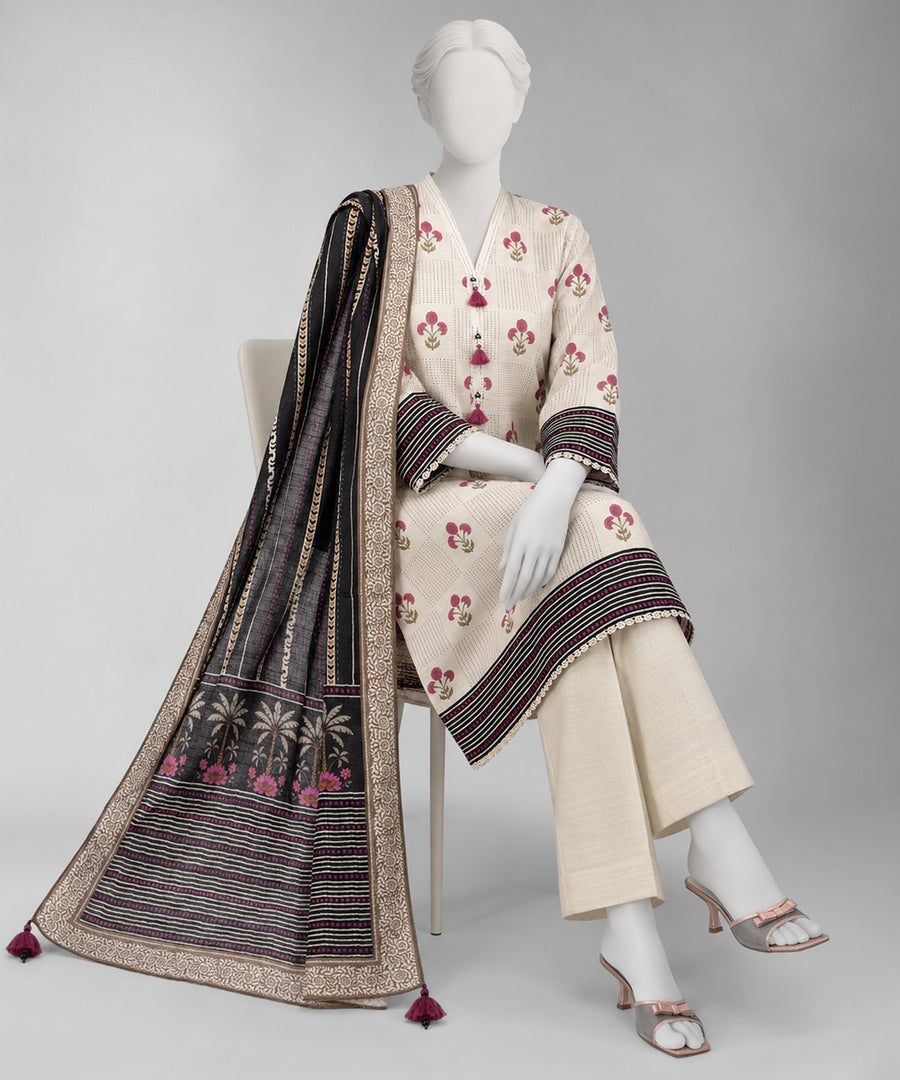 Beige Printed Khaddar Slub Unstitched 3Pc