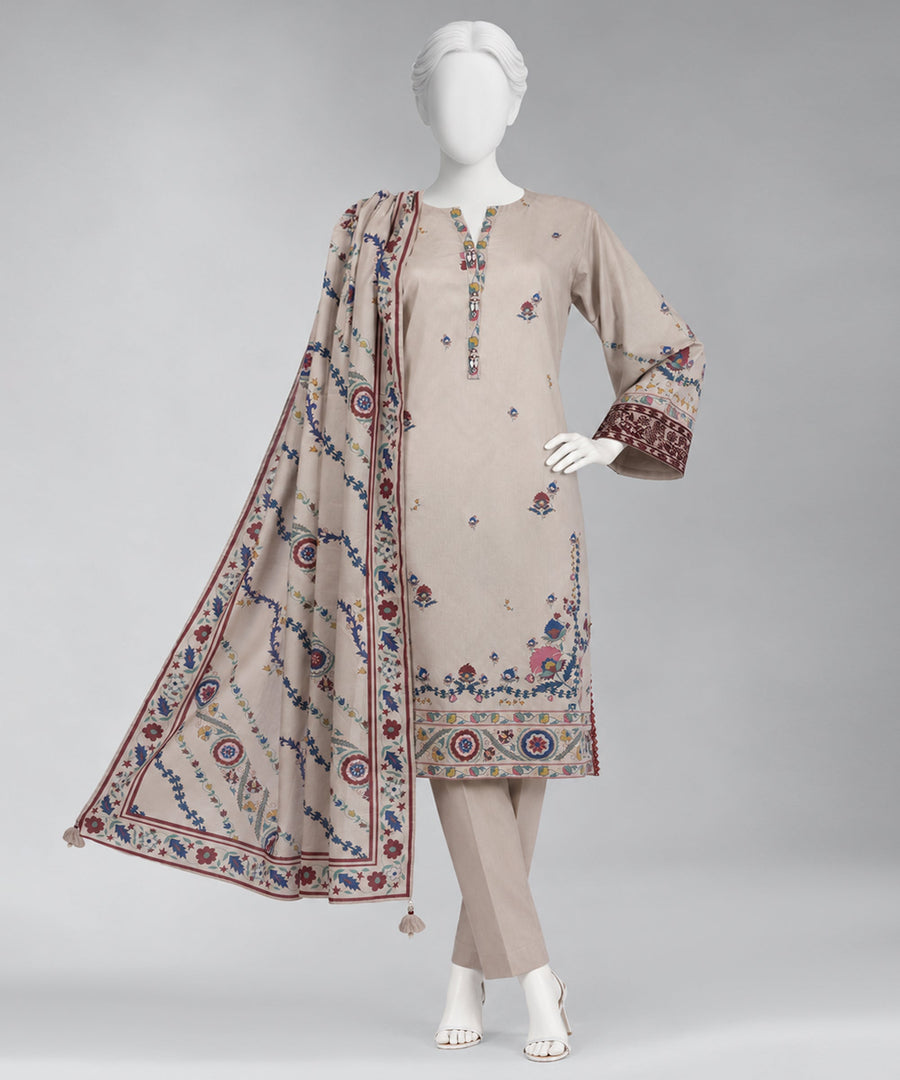 Beige Embroidered Cambric Unstitched 3Pc