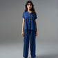 Blue Jacquard V-Neck Top